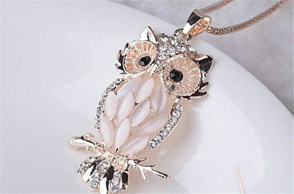 Fashion Sweater Chain Owl Necklace with Opal Stone Pendant – Trendy Sweater Chain Jewelry