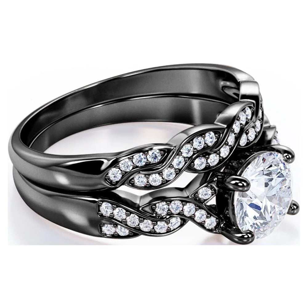 1.25 Carat Round Cut Moissanite Wedding Set – Infinity Bridal &amp; Promise Ring in 18K Black Gold Plating