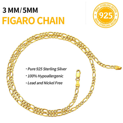 14K Gold Plated Italian 5MM Figaro Chain Necklace for Men &amp; Women – 925 Sterling Silver Core, Classic Style, Daily Wear Gift with Box for Valentine’s Day, Birthday, or Party