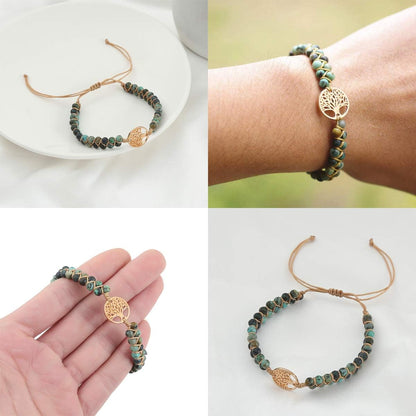 Tree of Life Turquoise Stone Bracelet – Handmade Braided Layered Beads for Women with Gift Box