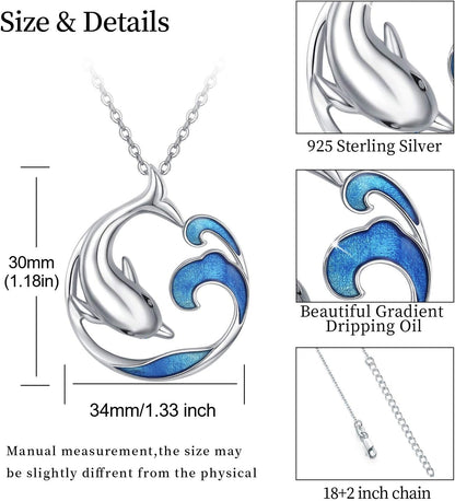 S925 Sterling Silver Dolphin Necklace – Ocean Wave Pendant, Beach Theme Jewelry for Women &amp; Girls