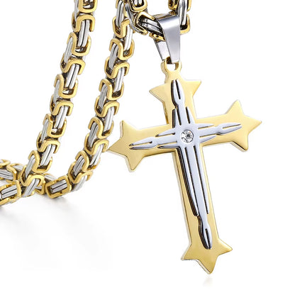 Men’s Cross Pendant Necklace – 3-Layer Knight Cross in Stainless Steel, Gold/Black/Silver – Durable Chain Jewelry (Model DDLKP179)