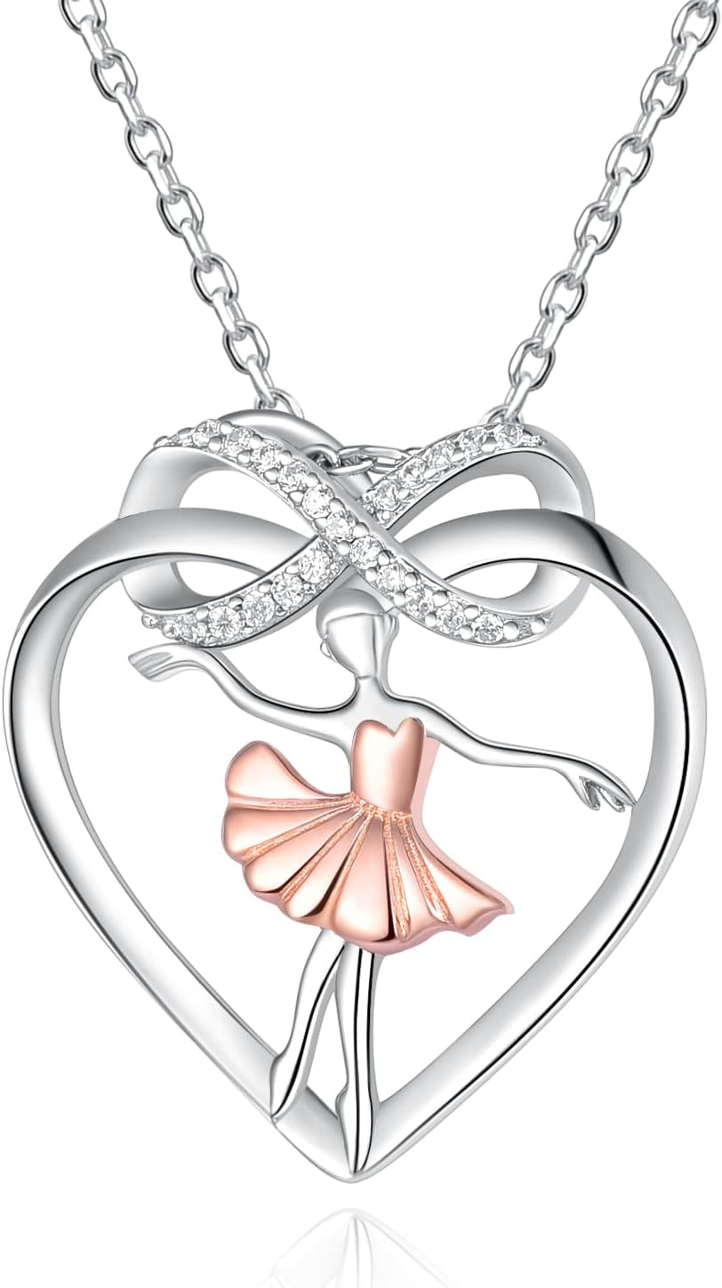 Ballet Dancer Necklace – 925 Sterling Silver Heart Ballerina Infinity CZ Pendant for Women