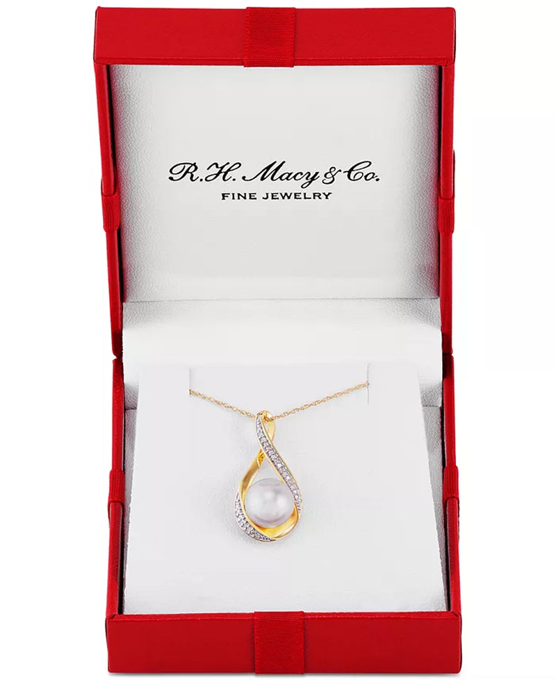 Cultured Freshwater Pearl (9mm) and Diamond Accent Pendant Necklace in 14K Gold – 18&quot;