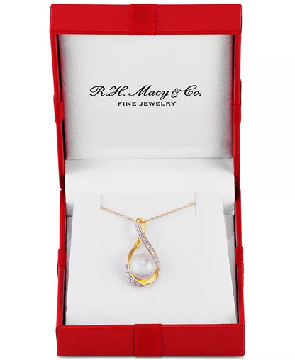 Cultured Freshwater Pearl (9mm) and Diamond Accent Pendant Necklace in 14K Gold – 18&quot;