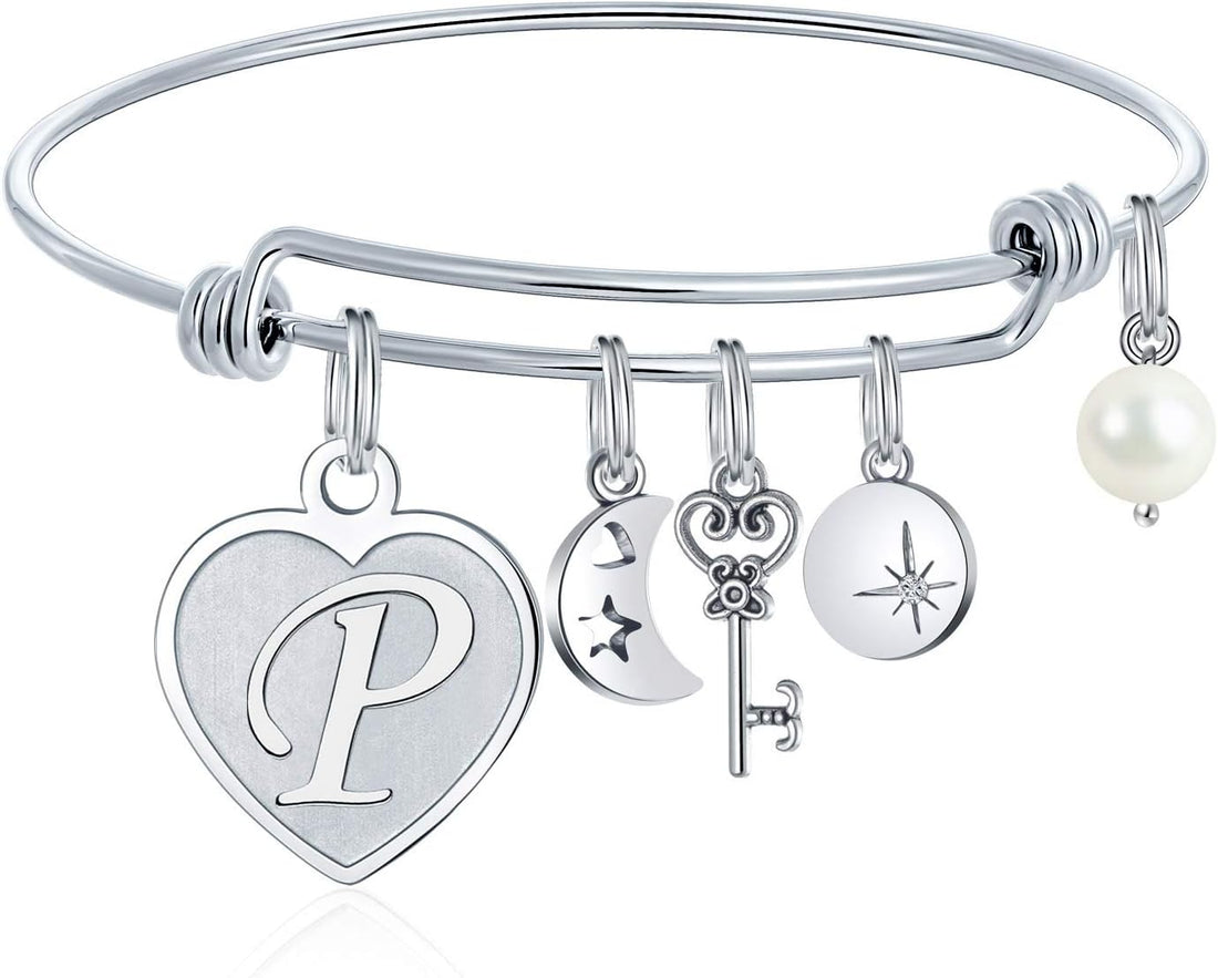 Initial Charm Bracelet for Women – Engraved Stainless Steel Bangle Personalized Gift for Her