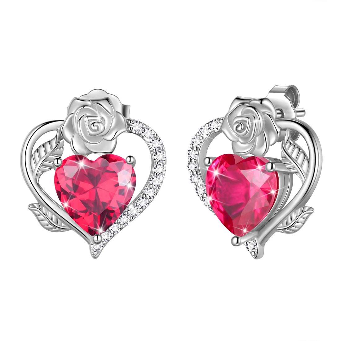 Rose Heart Birthstone Earrings – July Birthstone Studs with Rose Flower Design in 925 Sterling Silver | Elegant Jewelry Gift for Women