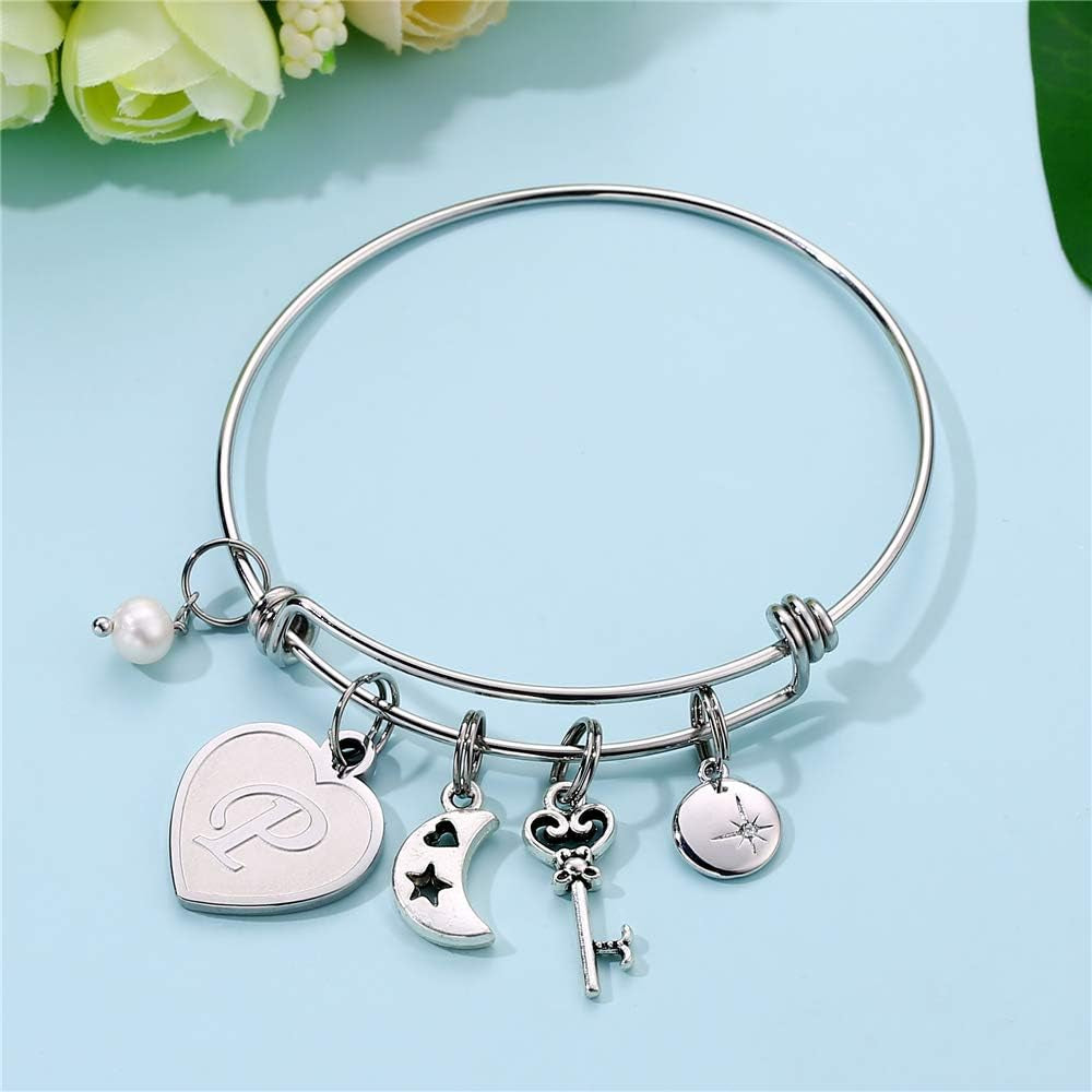 Initial Charm Bracelet for Women – Engraved Stainless Steel Bangle Personalized Gift for Her