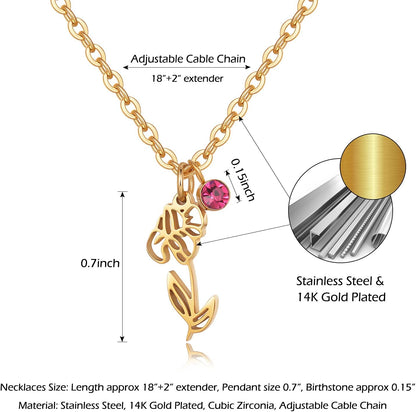 14K Gold Plated Birth Flower Necklace – Birth Month Floral Birthstone Pendant | Perfect Birthday Gift for Women, Moms &amp; Friends