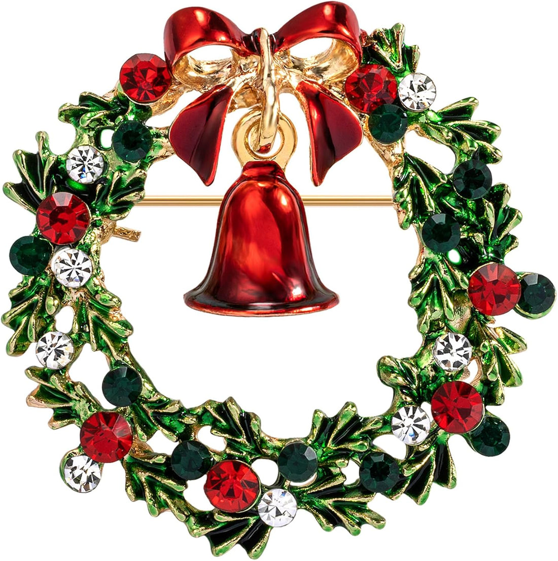 Gold Tone Wreath Brooch Pin with Green &amp; Red Austrian Crystals, Enamel, and Bell