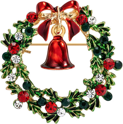 Gold Tone Wreath Brooch Pin with Green &amp; Red Austrian Crystals, Enamel, and Bell