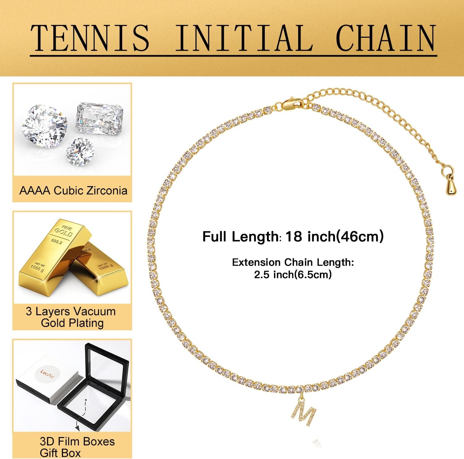 14K Gold Plated Letter Necklace – Iced Out CZ Initial Pendant on Tennis Chain Choker for Women