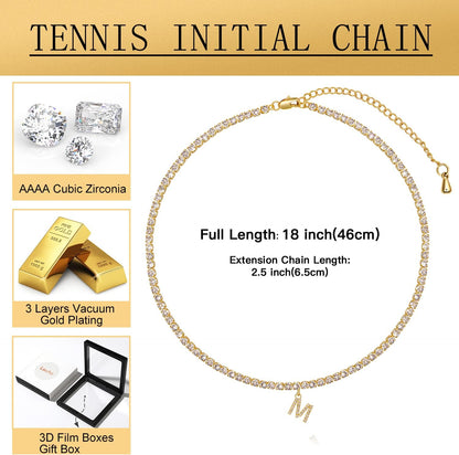 14K Gold Plated Letter Necklace – Iced Out CZ Initial Pendant on Tennis Chain Choker for Women