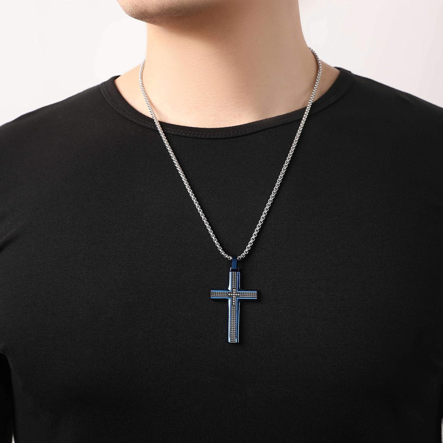 Men’s Stainless Steel Cross Necklace – Two-Tone Black &amp; Blue Carbon Fiber Pendant with Gift Box | Modern Faith Jewelry