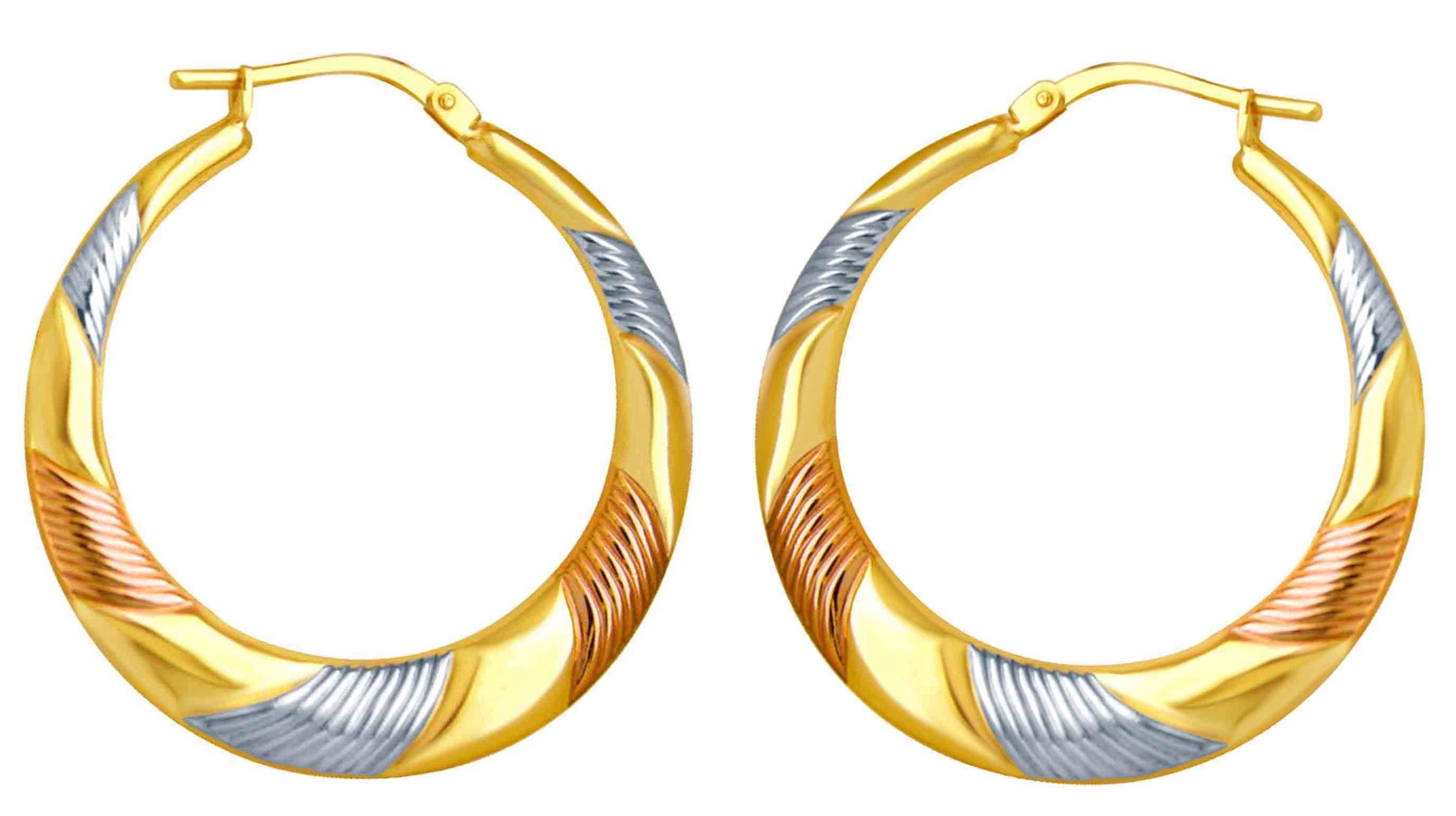 Brilliance Fine Jewelry 14K Gold Plated Sterling Silver Tri-Color Striped Hoop Earrings for Women – 30mm