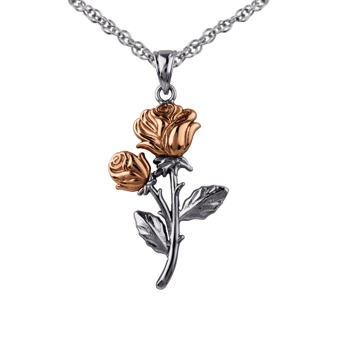 Women’s Rose Pendant Necklace – Two-Tone Sterling Silver with 14K Gold Plated Accents