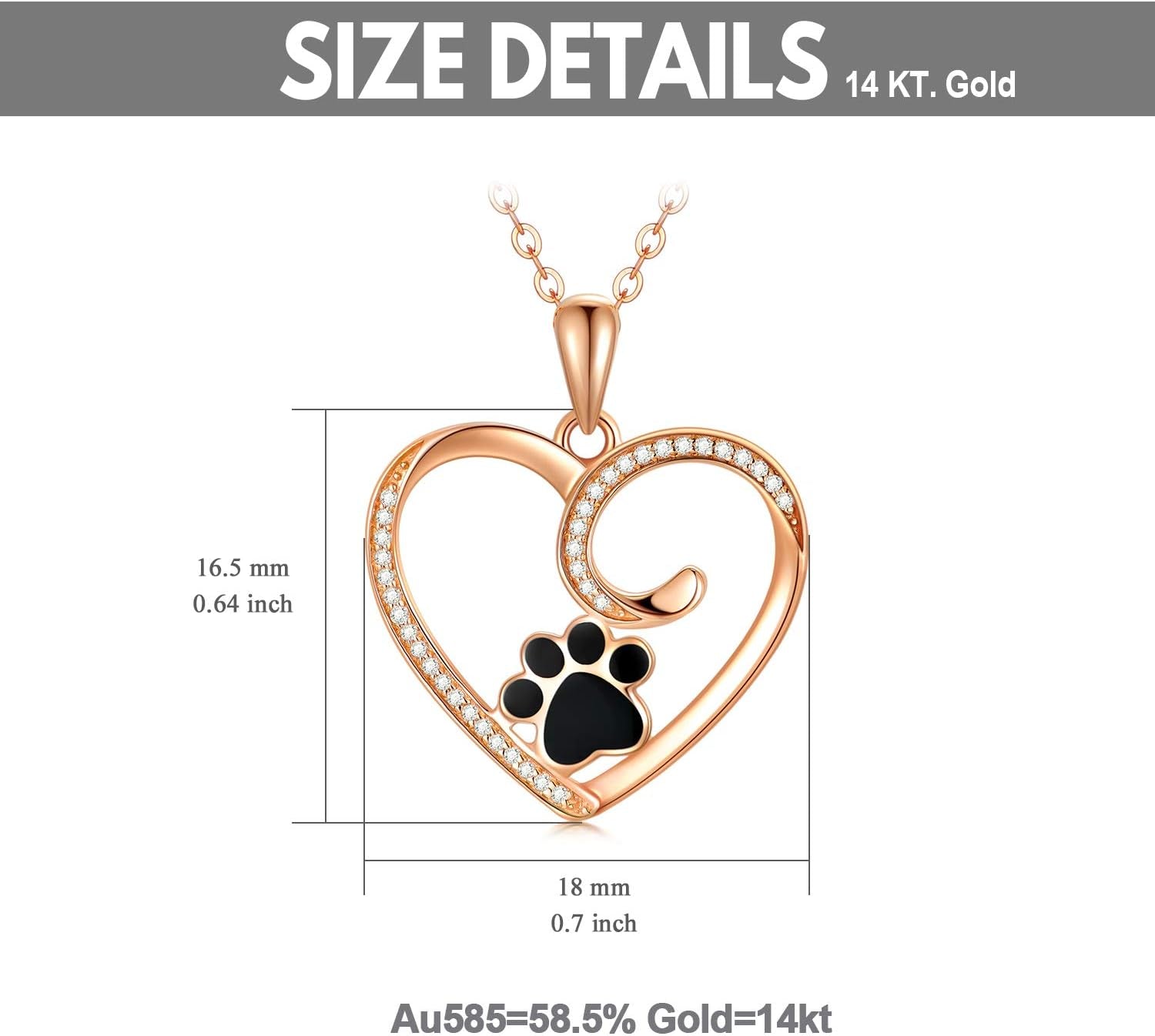 14K Gold Heart Pendant Necklace with Dog &amp; Cat Paw Print – Real Gold Jewelry for Women, 16–18 Inch, Gift for Pet Lovers
