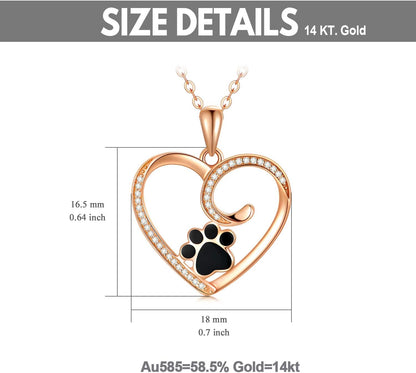 14K Gold Heart Pendant Necklace with Dog &amp; Cat Paw Print – Real Gold Jewelry for Women, 16–18 Inch, Gift for Pet Lovers