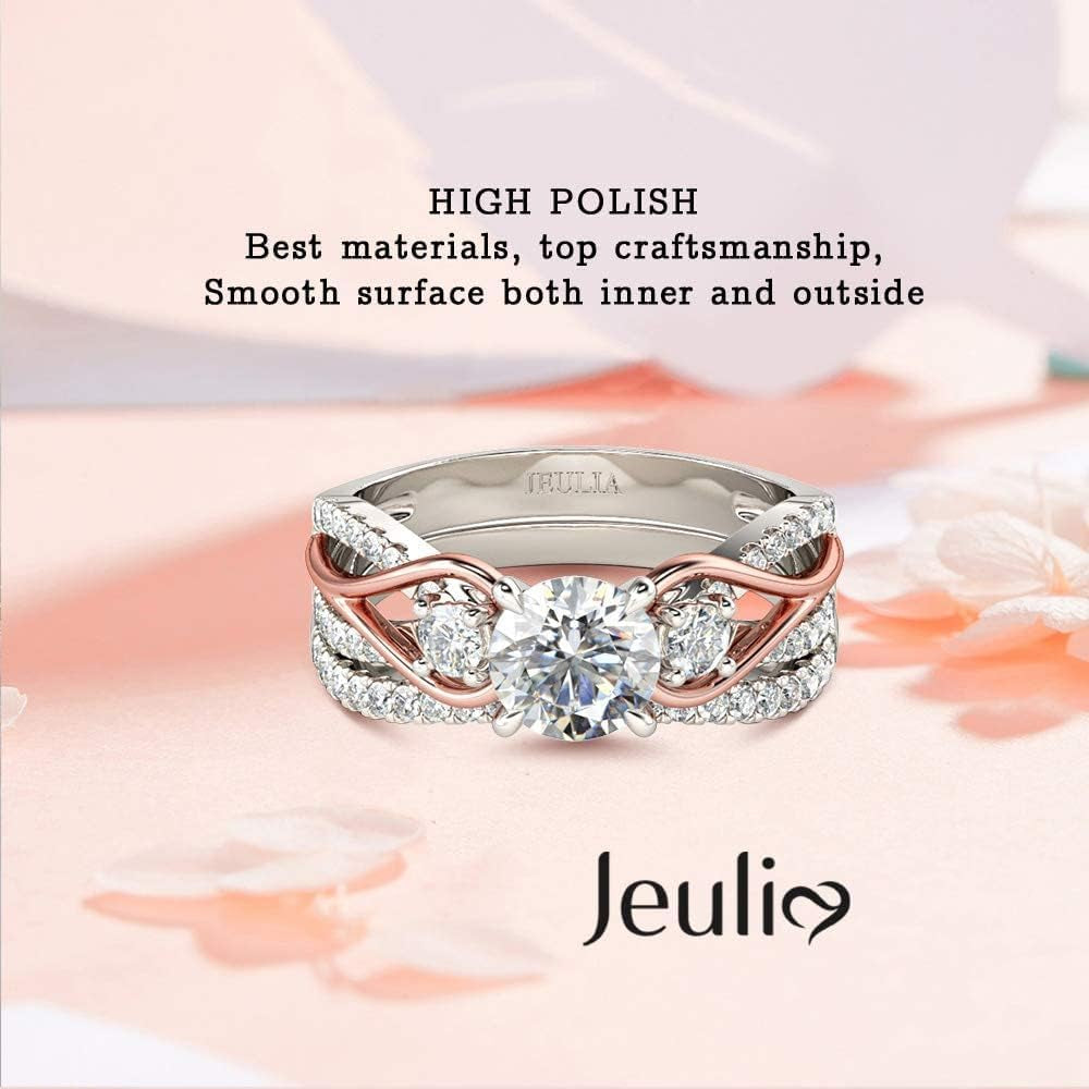 Two-Tone Rose Gold &amp; Sterling Silver Engagement Ring Set – Round Cut Three-Stone Halo Bridal, Promise &amp; Anniversary Rings for Women with Gift Box