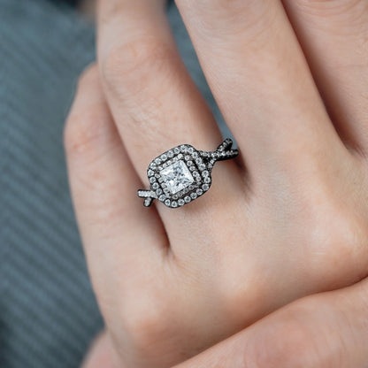 1 Carat Princess Cut Moissanite Engagement Ring - Bridal Set - Double Halo Ring - Cluster Ring - 18K Black Gold Plated for Women