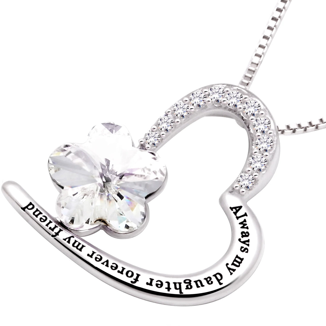 Sterling Silver “Always My Daughter, Forever My Friend” Heart Necklace – CZ Crystal Pendant