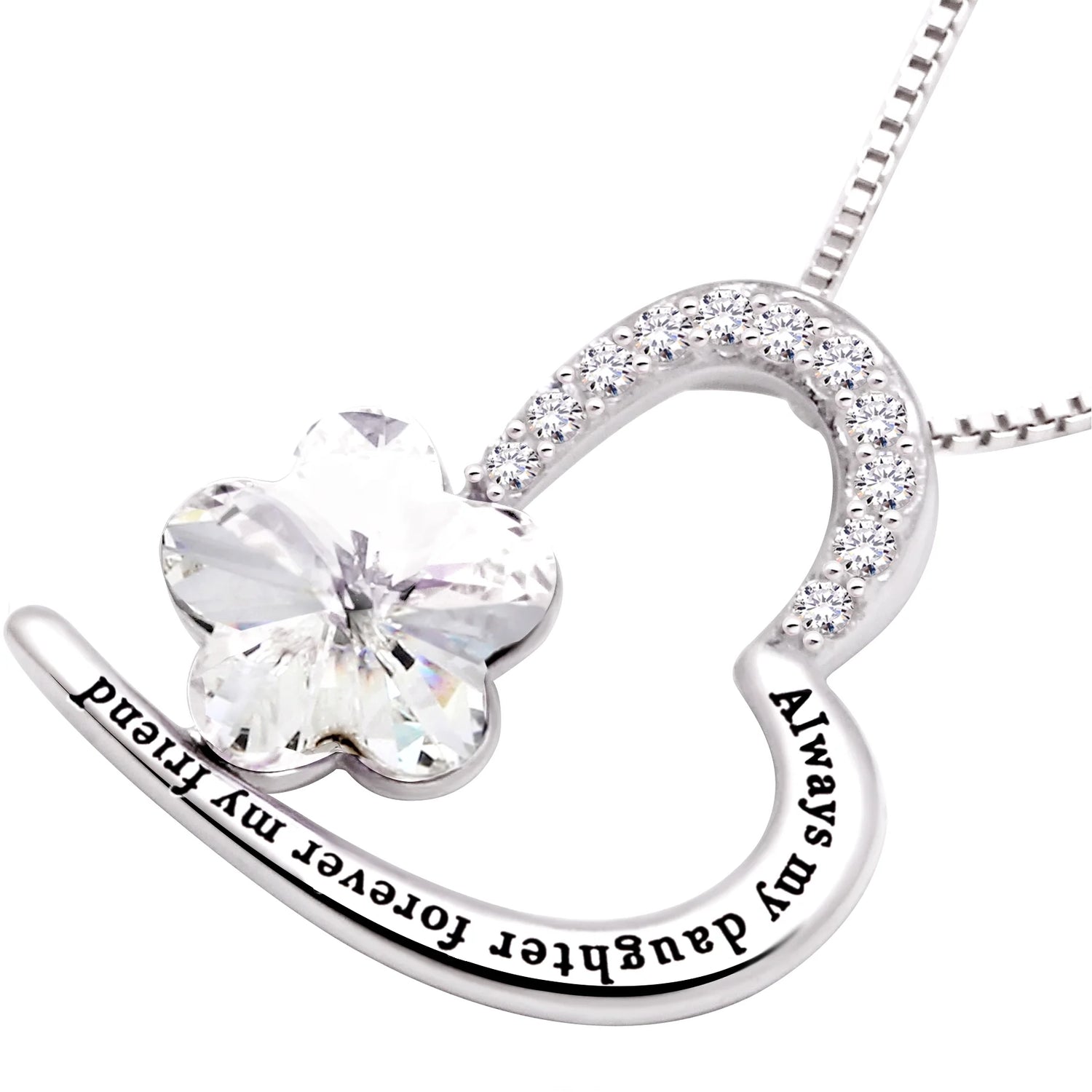 Sterling Silver “Always My Daughter, Forever My Friend” Heart Necklace – CZ Crystal Pendant