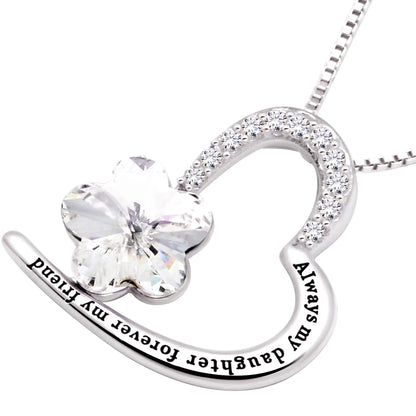 Sterling Silver “Always My Daughter, Forever My Friend” Heart Necklace – CZ Crystal Pendant