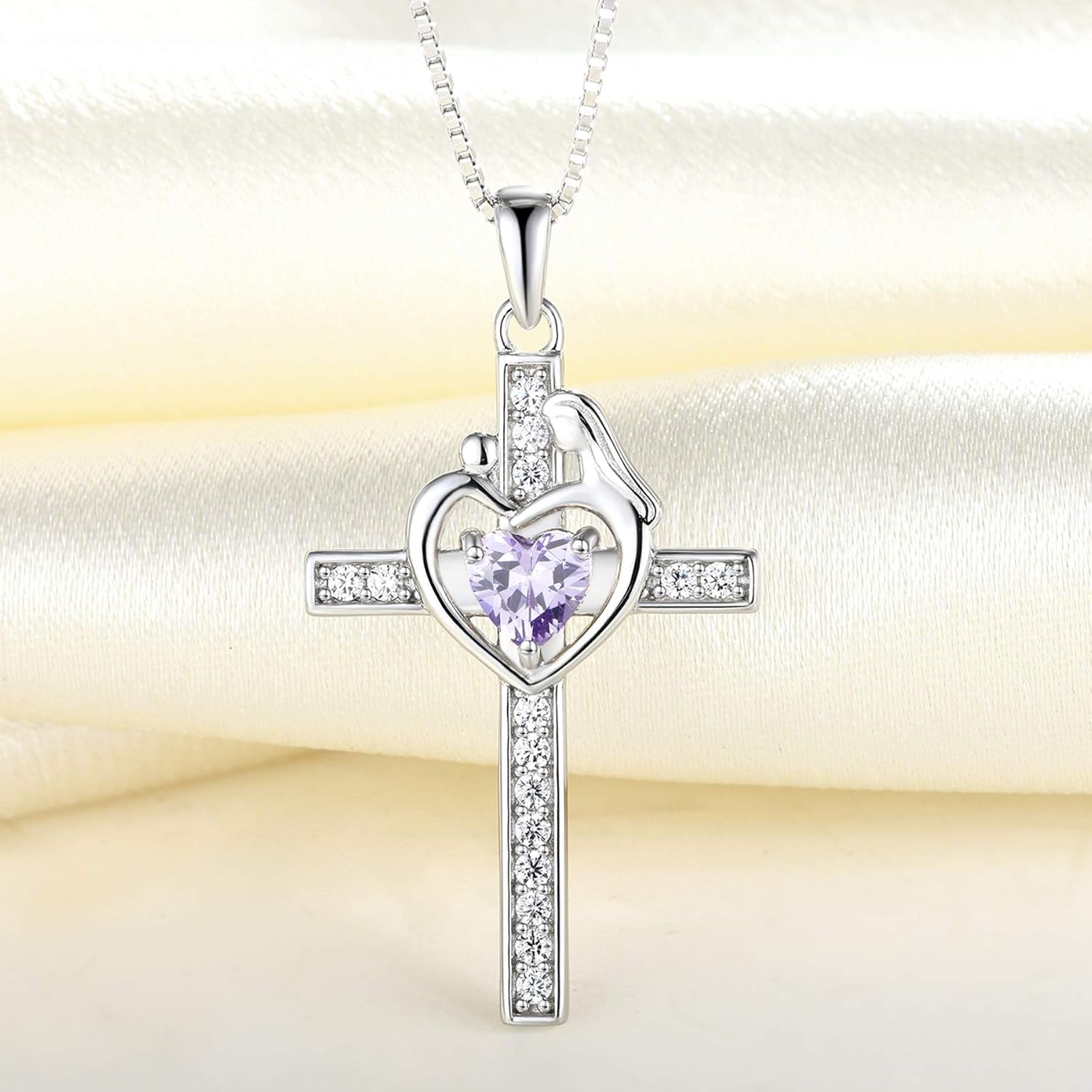 Mom Cross Necklace 925 Sterling Silver Mother Pendant Birthstone Mum Jewelry for Women