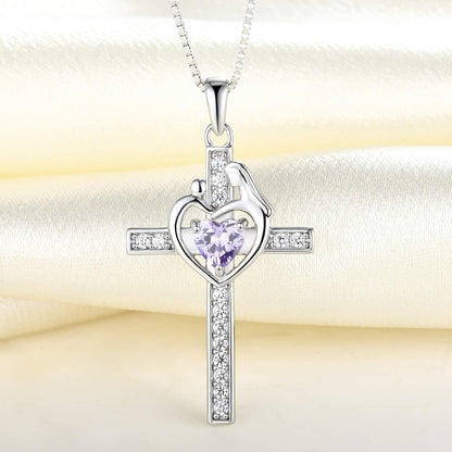 Mom Cross Necklace 925 Sterling Silver Mother Pendant Birthstone Mum Jewelry for Women
