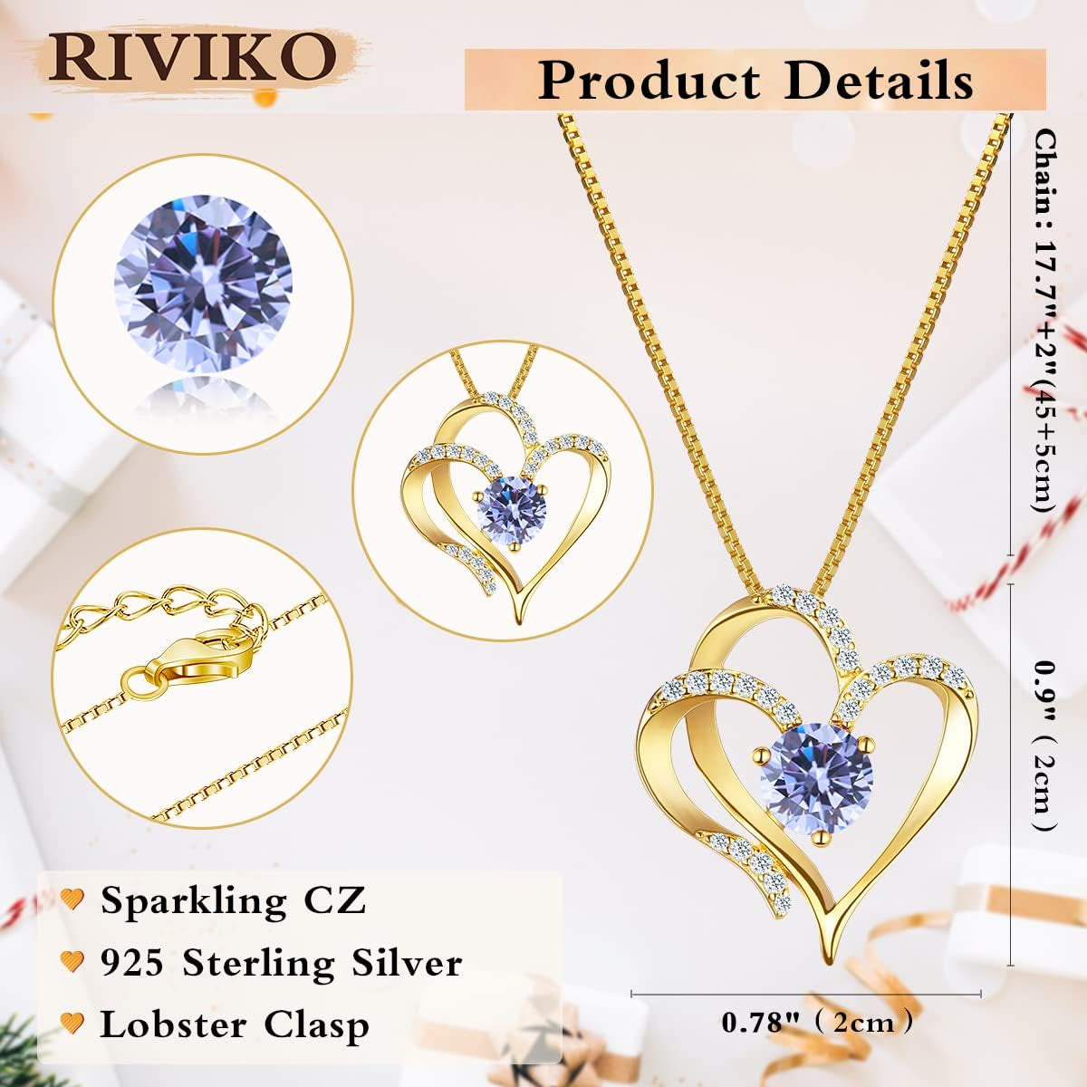 Love Heart Necklace for Women 925 Sterling Silver Gold Plated Zirconia Birthstone Pendant Necklaces for Mother Wife Birthday Christmas Jewelry Gift