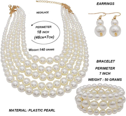 Large Multi-Strand Faux Pearl Necklace, Bracelet &amp; Earrings Set – Elegant Costume Jewelry for Women