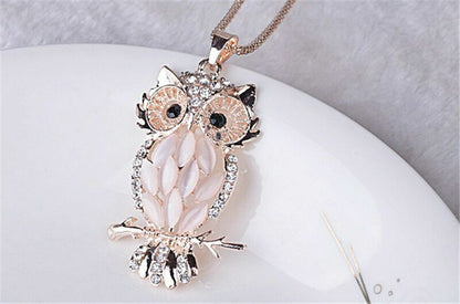 Fashion Sweater Chain Owl Necklace with Opal Stone Pendant – Trendy Sweater Chain Jewelry