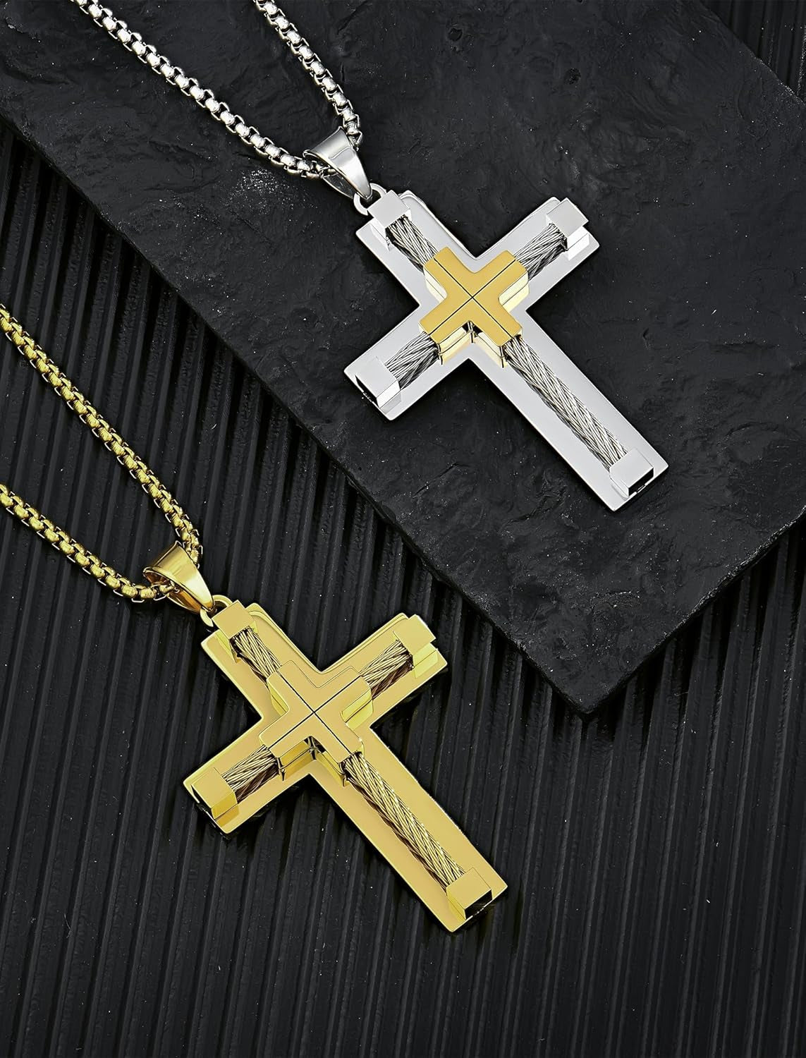 Men’s 316L Stainless Steel Cross Necklace – Jesus Christ Pendant with Rolo Chain, 20–28 Inch