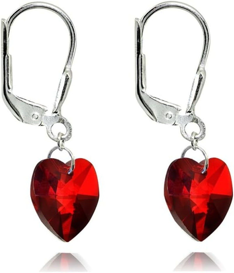Sterling Silver European Crystal Dainty Heart Leverback Dangle Earrings for Women