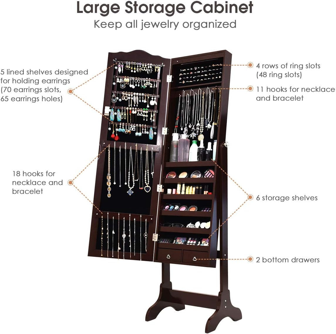 Lockable Jewelry Cabinet Armoire with Full-Length Mirror, LED Lights &amp; Storage Drawers – Floor Standing Organizer (Brown)