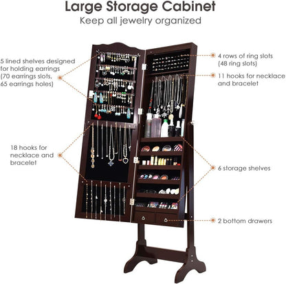 Lockable Jewelry Cabinet Armoire with Full-Length Mirror, LED Lights &amp; Storage Drawers – Floor Standing Organizer (Brown)