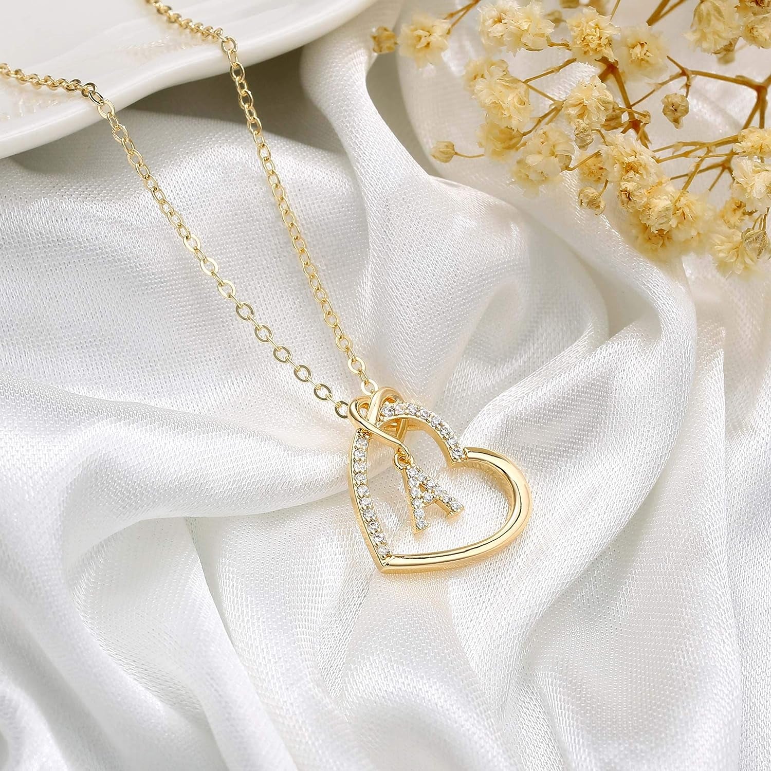14K Gold Plated Heart Initial Necklace – Dainty Cubic Zirconia Pendant for Girls, Teens &amp; Women (A–Z)