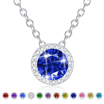 18K White Gold Plated September Birthstone Necklace – Women’s Round Blue Sapphire CZ Pendant in S925 Sterling Silver