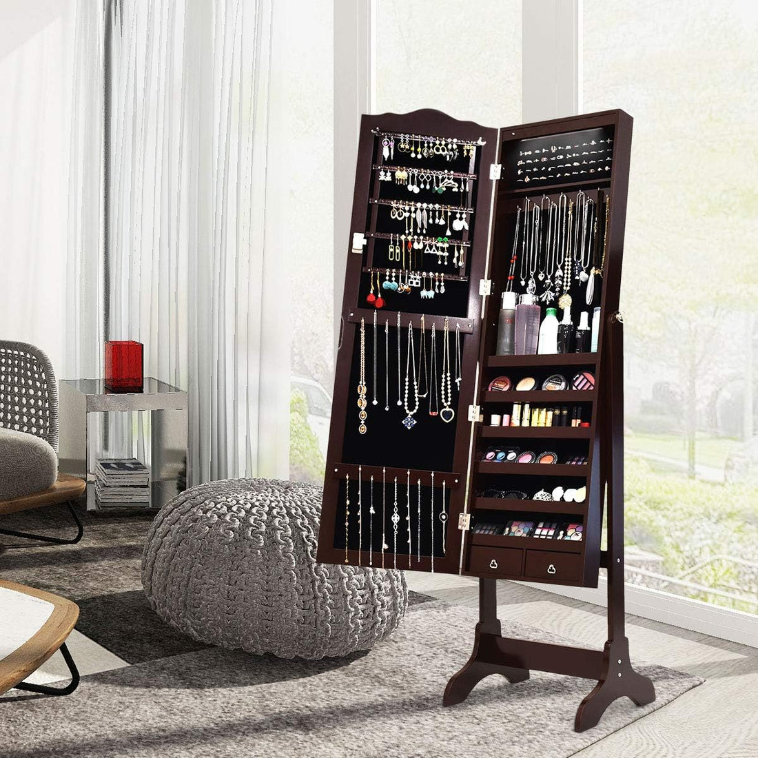 Lockable Jewelry Cabinet Armoire with Full-Length Mirror, LED Lights &amp; Storage Drawers – Floor Standing Organizer (Brown)