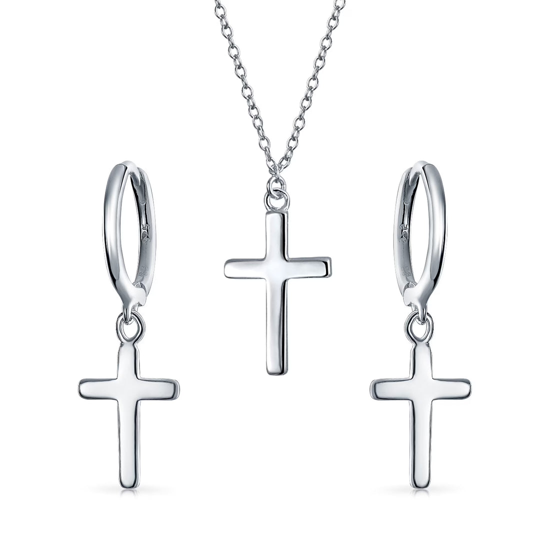 Women’s Sterling Silver Cross Pendant Necklace &amp; Dangle Earrings Set – Simple Religious Jewelry