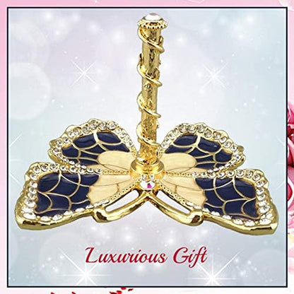 Blue Enamel &amp; Gold Plated Butterfly Jewelry Stand Organizer Ring Holder with Sparkling Crystals