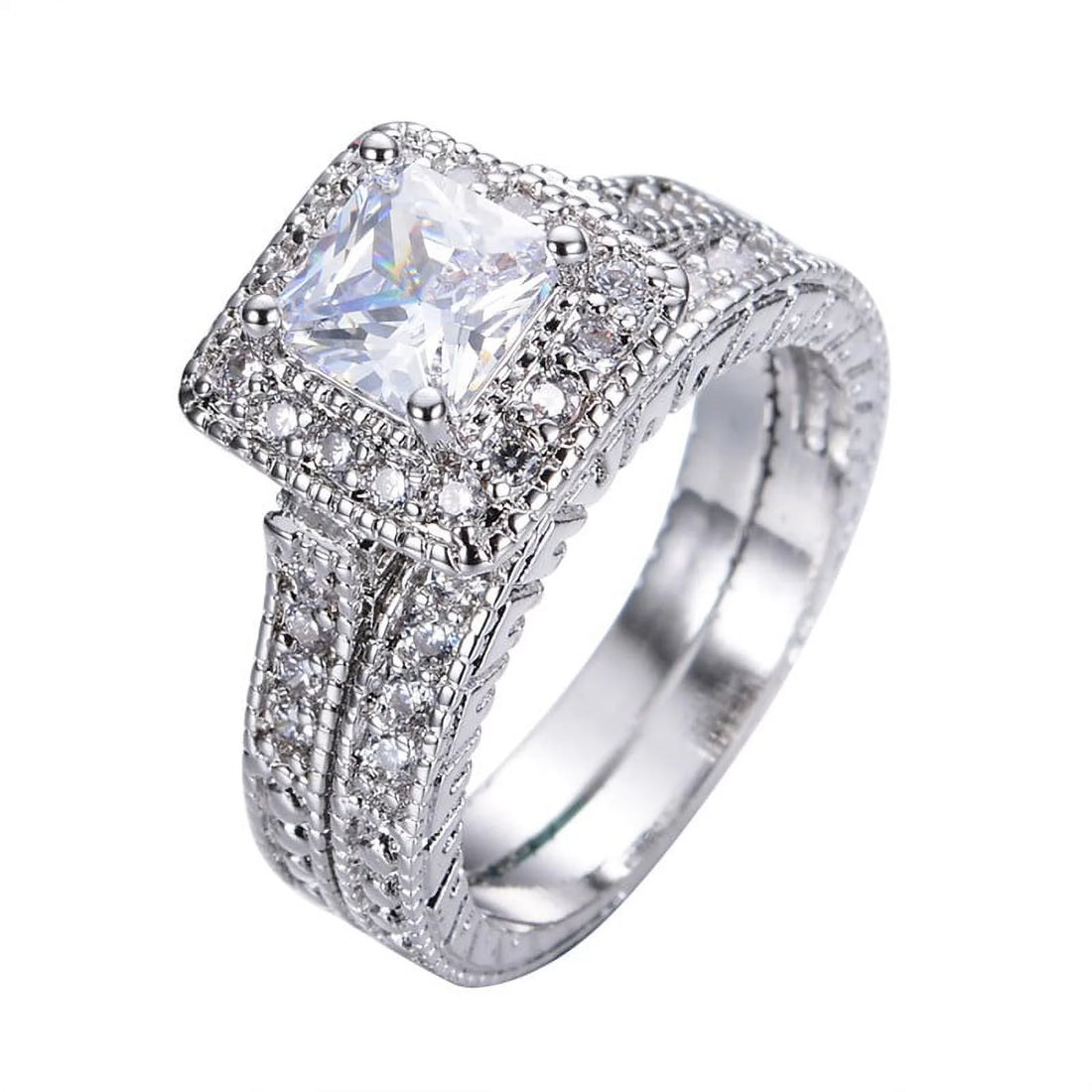 1 Carat Princess Cut Moissanite Wedding Set – Bridal Engagement Ring, Vintage Milgrain &amp; Halo Design in 18K White Gold over Silver