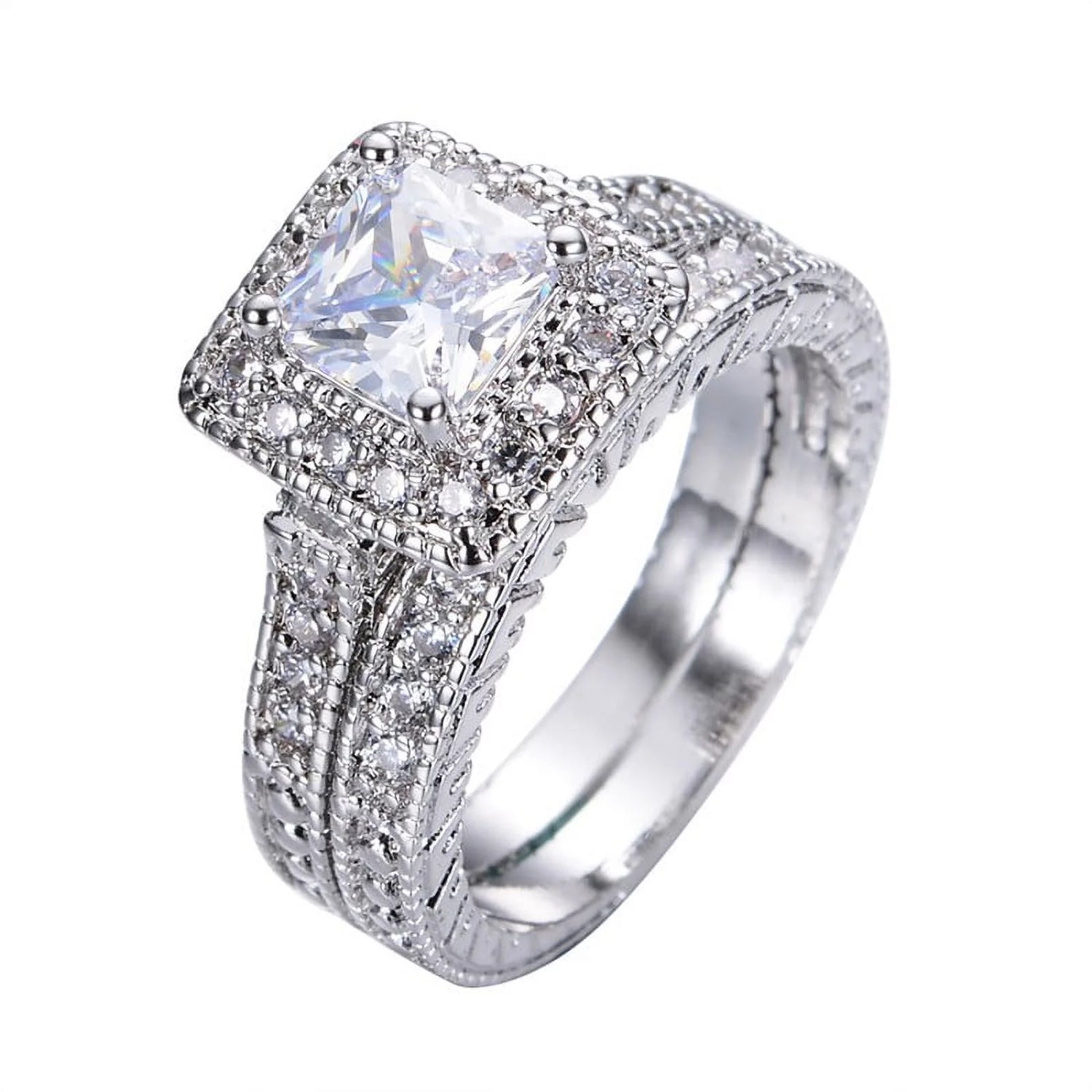 1 Carat Princess Cut Moissanite Wedding Set – Bridal Engagement Ring, Vintage Milgrain &amp; Halo Design in 18K White Gold over Silver