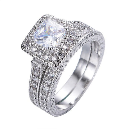 1 Carat Princess Cut Moissanite Wedding Set – Bridal Engagement Ring, Vintage Milgrain &amp; Halo Design in 18K White Gold over Silver