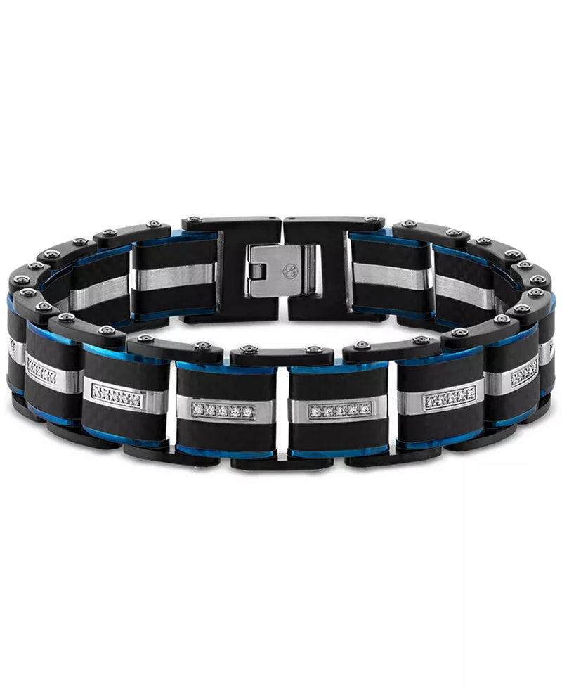 Men’s Diamond &amp; Carbon Fiber Link Bracelet – 1/3 Ct. T.W., Blue &amp; Black Ion-Plated Stainless Steel
