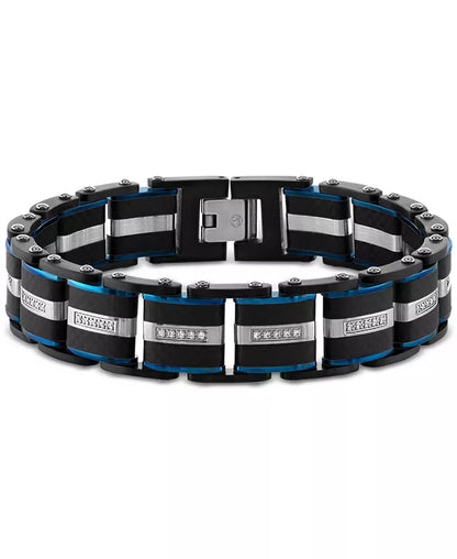 Men’s Diamond &amp; Carbon Fiber Link Bracelet – 1/3 Ct. T.W., Blue &amp; Black Ion-Plated Stainless Steel