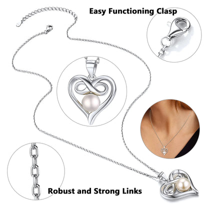 Sterling Silver Heart Infinity Necklace with Freshwater Pearl – Elegant Gift for Her