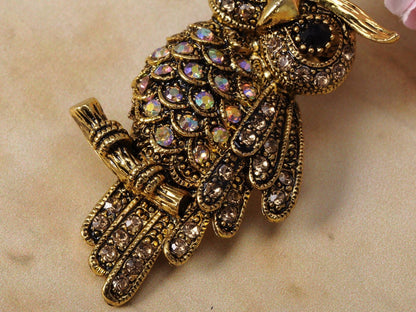 Antique Multicolored Crystal Rhinestone Owl Brooch