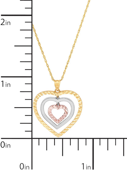 10K Tri-Tone Gold Triple Open Heart Pendant Necklace, 18&quot;