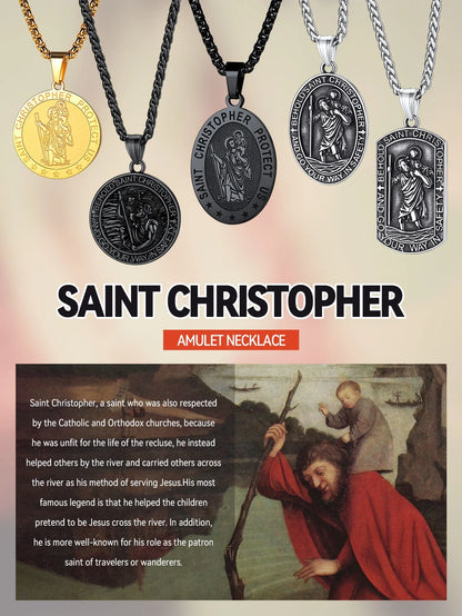 Saint/St. Christopher Pendant Necklace for Men Women Stainless Steel Catholic Christian Oval Medal Blessings Amulet Black Men Jewelry Gift for Dad Grandpa Fathers Day